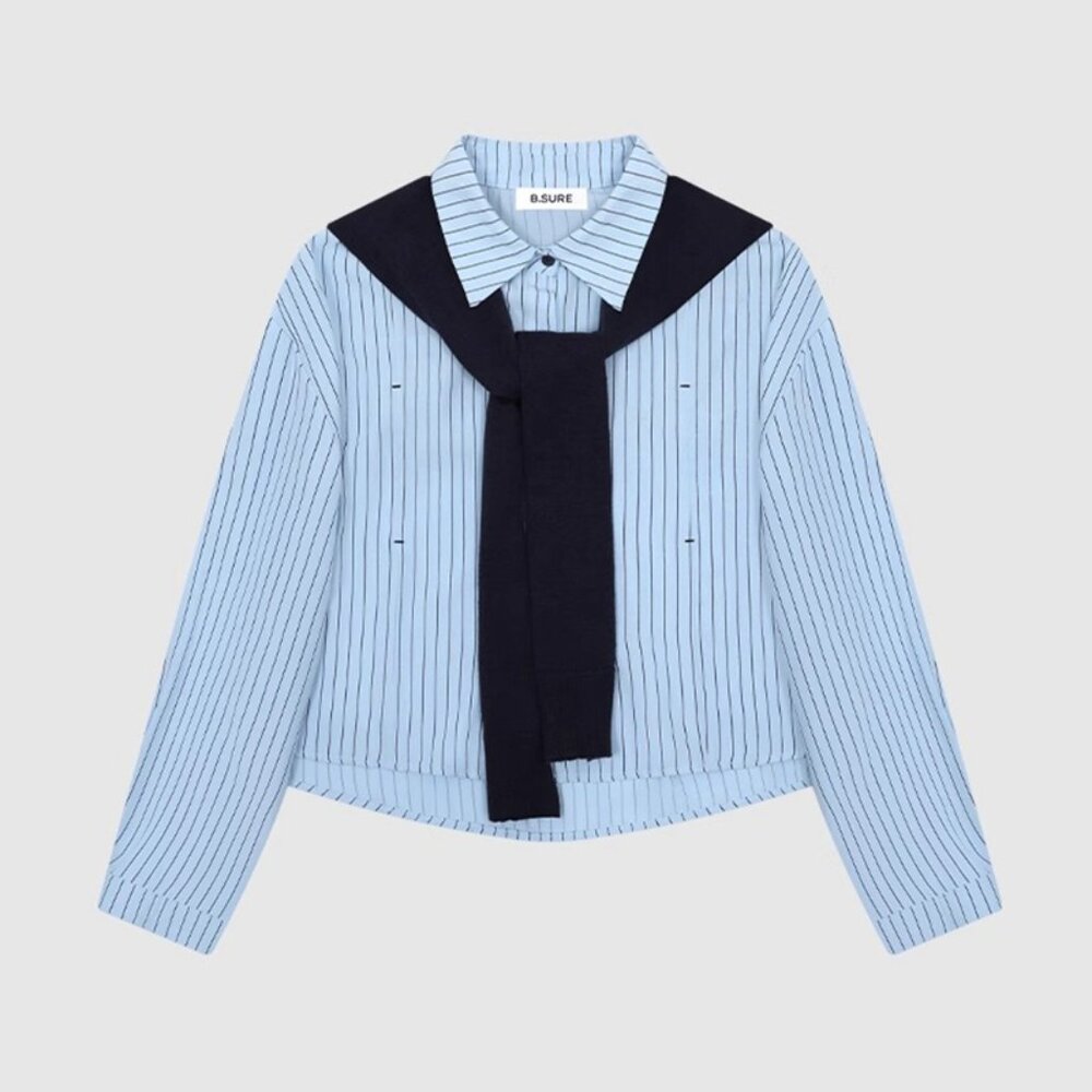 B.Sure Blue Striped Shirt Knitted Shawl
